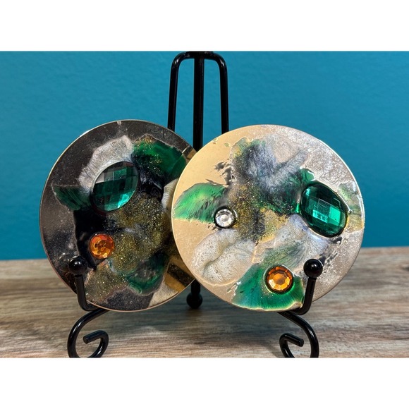 Handmade Jewelry - Vintage Handmade Abstract Disc Earrings Green Gold Resin Artisan Statement